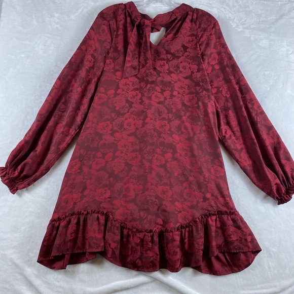 Anthropologie g. p. d. Jacquard Tunic‎ Mini Dress Sz M Red Floral Flutter Date - Picture 7 of 12